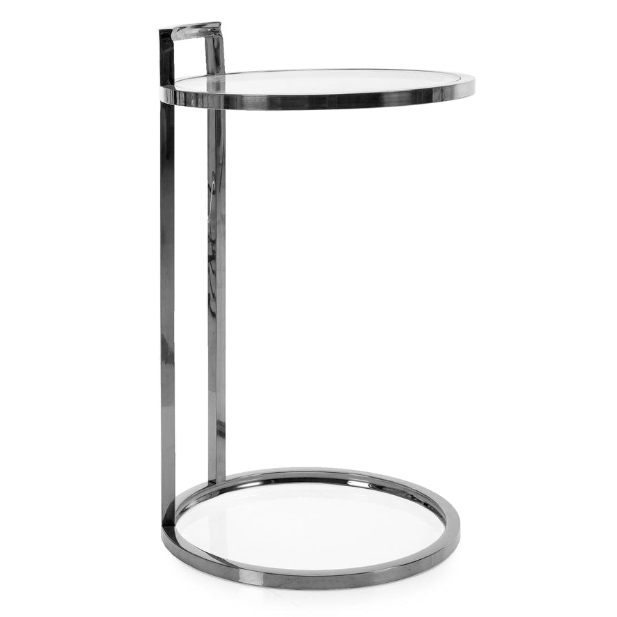 Modern side table with glass top and metal frame on a white background