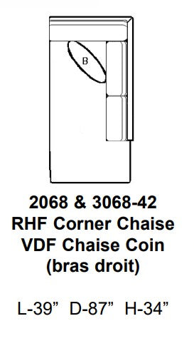 Technical drawing of a corner chaise with dimensions labeled