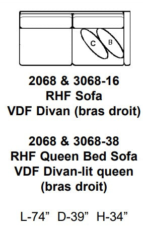 Technical drawing of a sofa and divan with dimensions labeled