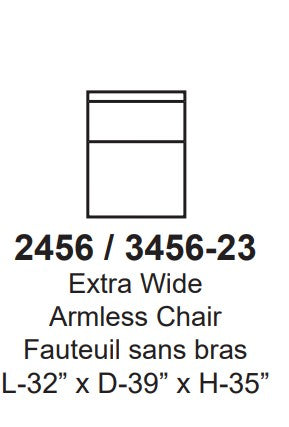 Technical drawing of an extra wide armless chair with dimensions on a white background