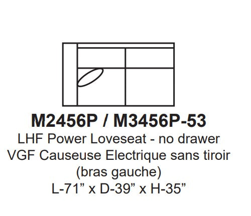 Technical drawing of a loveseat with dimensions and specifications on a white background