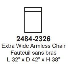 Technical drawing of an extra wide armless chair with dimensions on a white background