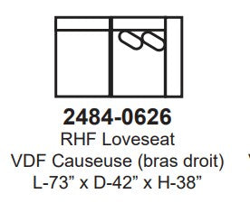Technical drawing of a loveseat with dimensions and part number 2484-0626.