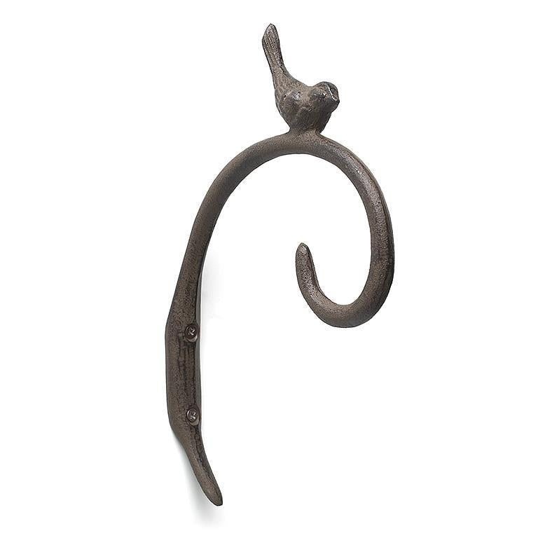 Decorative metal hook with bird design on a white background