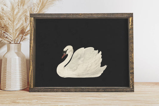 Framed artwork of a swan on a black background next to a vase with dried plants.