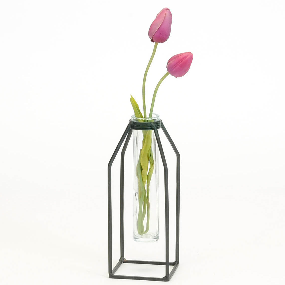 Glass vase with pink tulips on a white background