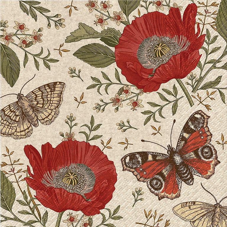 Pattern of red flowers and butterflies on a beige background
