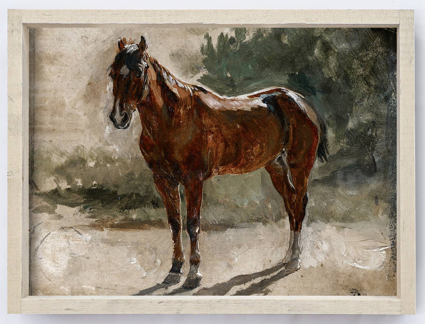 Framed painting of a horse on a white wall