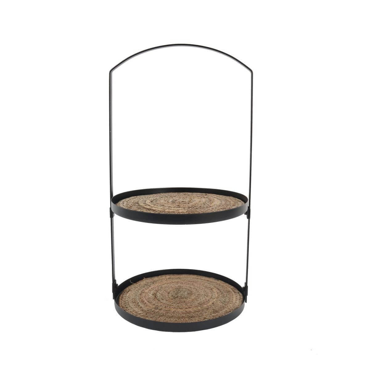 Two-tiered round shelf with woven circular platforms on a white background