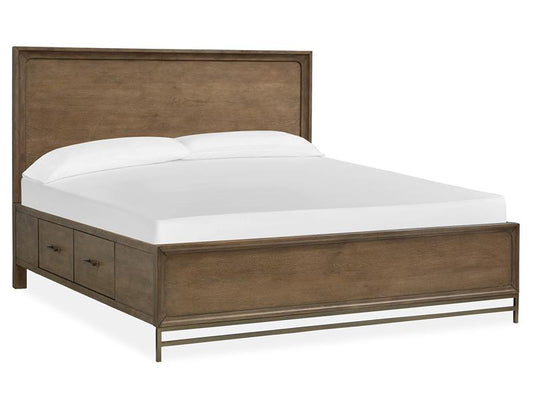 Wooden bed frame with white mattress on a white background