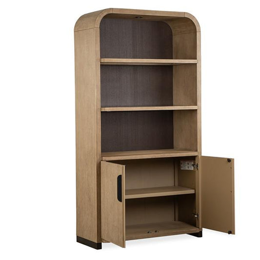 Wooden bookshelf with an open door on a white background