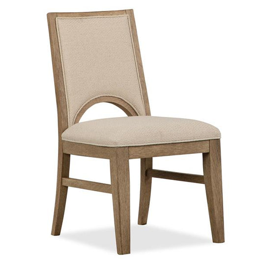 Beige upholstered chair with wooden frame on a white background