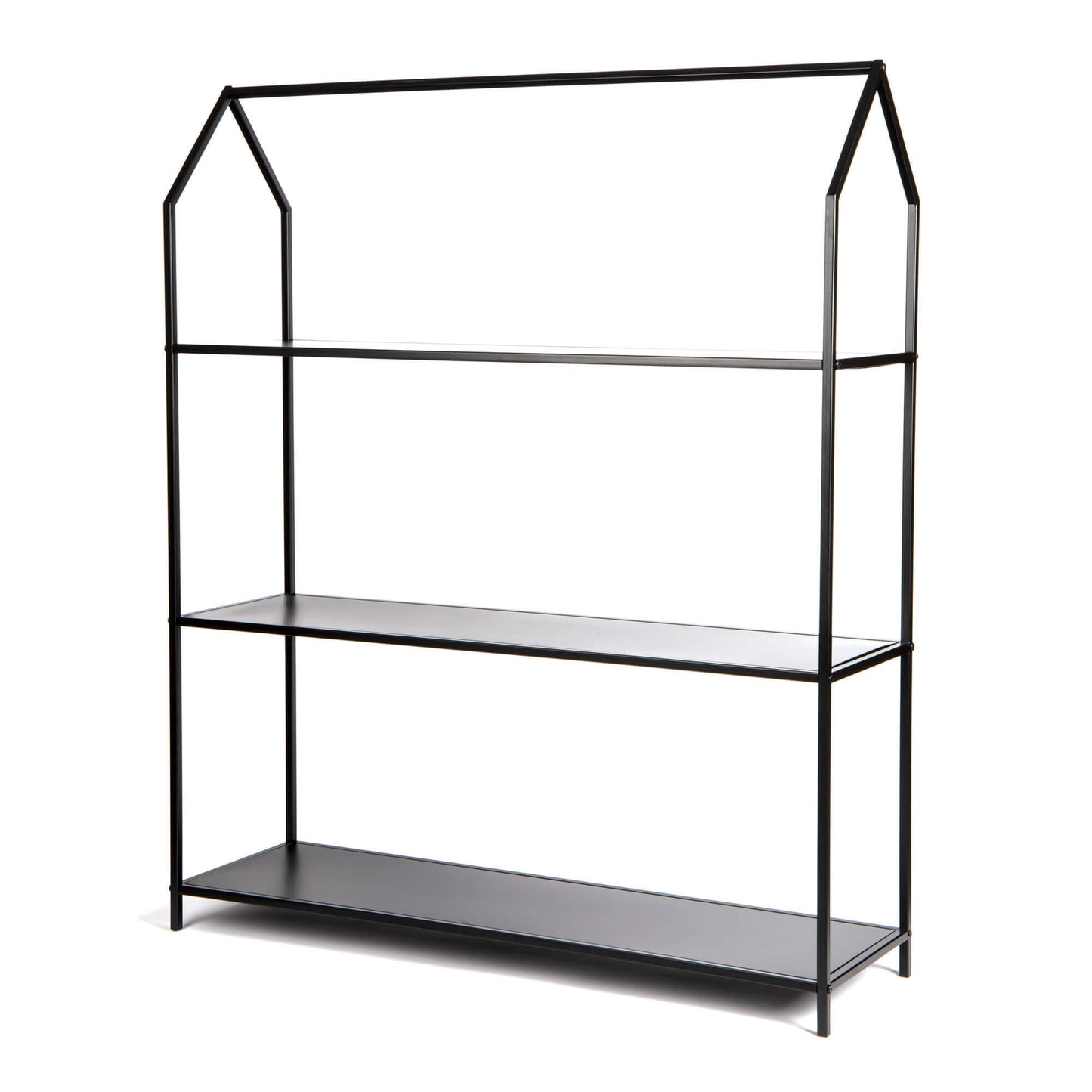 Black metal shelf with three shelves on a white background