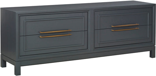 Gray dresser with gold handles on a white background