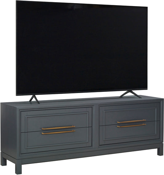 Gray TV stand with a large black flat-screen TV on a white background
