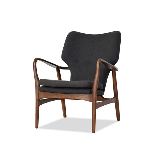 Chair with dark gray cushion and wooden frame on a white background