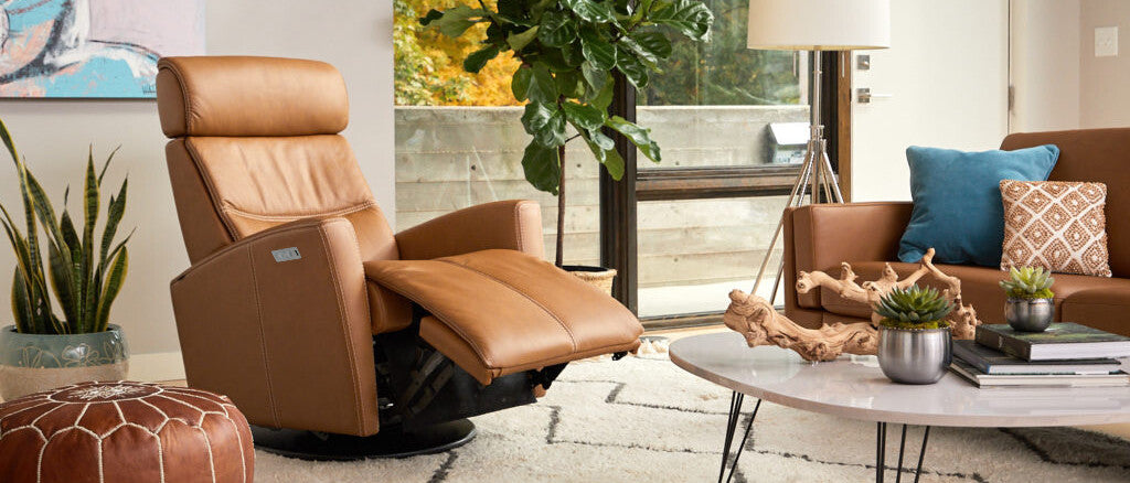 Brown recliner chair in a modern living room with decor elements.
