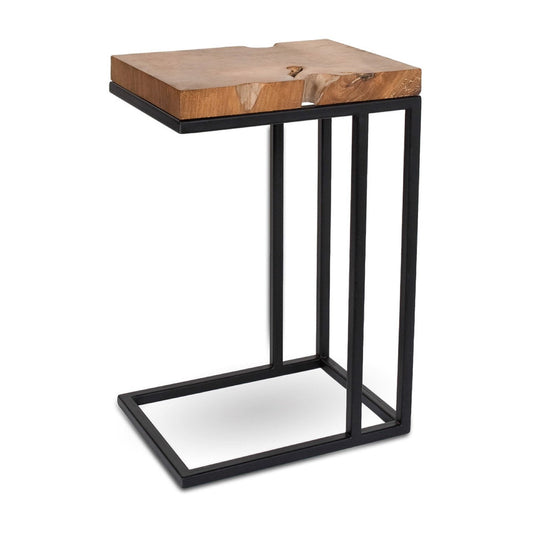 Wooden side table with black metal frame on a white background