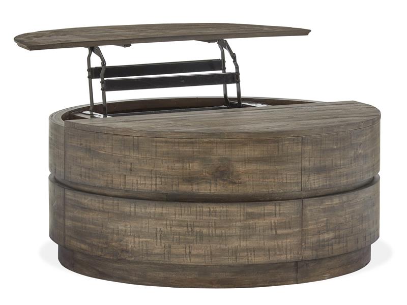 Round wooden table with a raised top on a white background