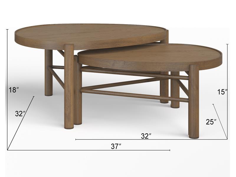 Set of two wooden nesting tables with dimensions on a white background