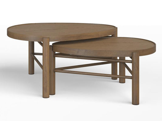 Set of two wooden nesting tables on a white background