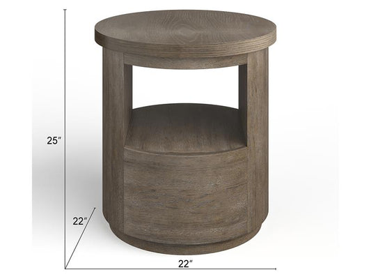 Wooden side table with dimensions on a white background