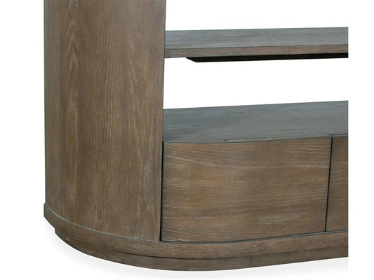 Wooden console table with a curved design on a white background