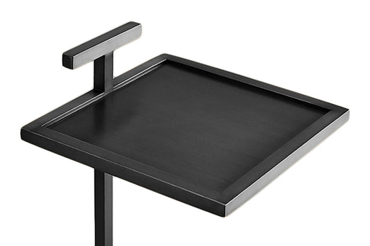 Black shower tray with chrome bracket on a white background