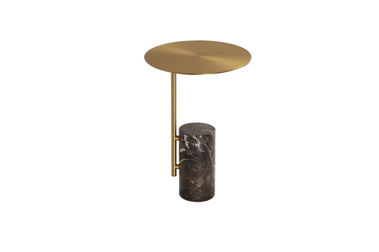 Small round table with gold base and marble cylindrical side on a white background