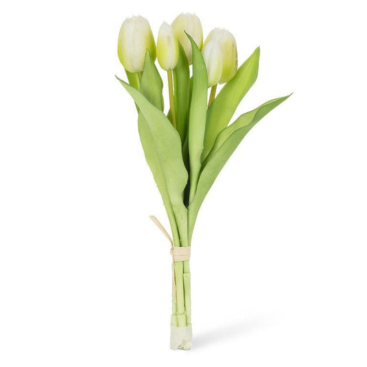 Bouquet of white tulips with green leaves on a white background