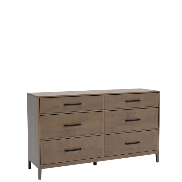 Beige dresser with six drawers on a white background