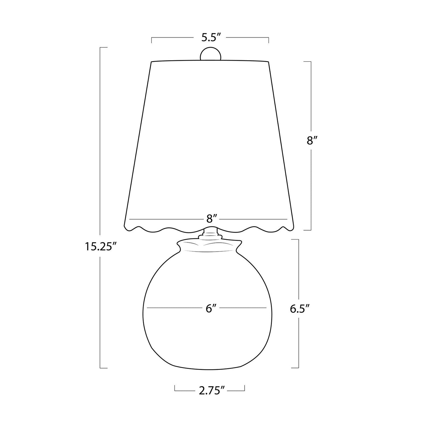 Line drawing of a lamp with dimensions labeled
