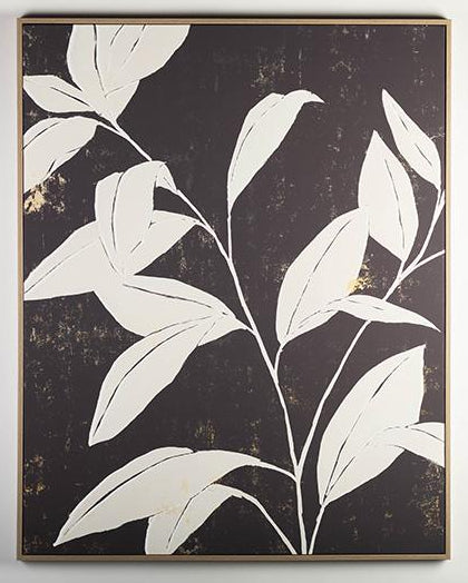 Framed artwork with white leaf design on a dark background