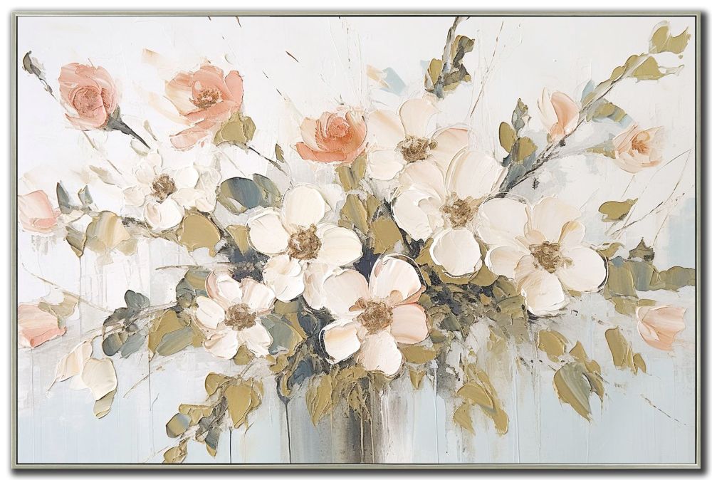 Floral painting with pink, white, and green flowers in a vase on a light background
