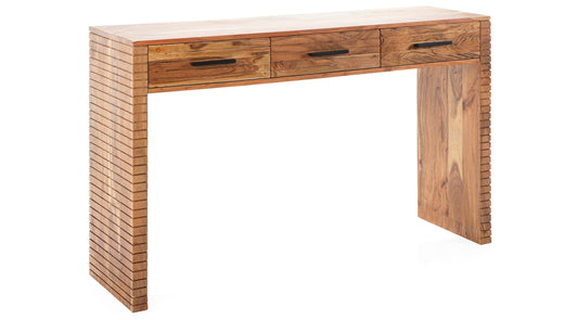 Wooden console table with three drawers on a white background
