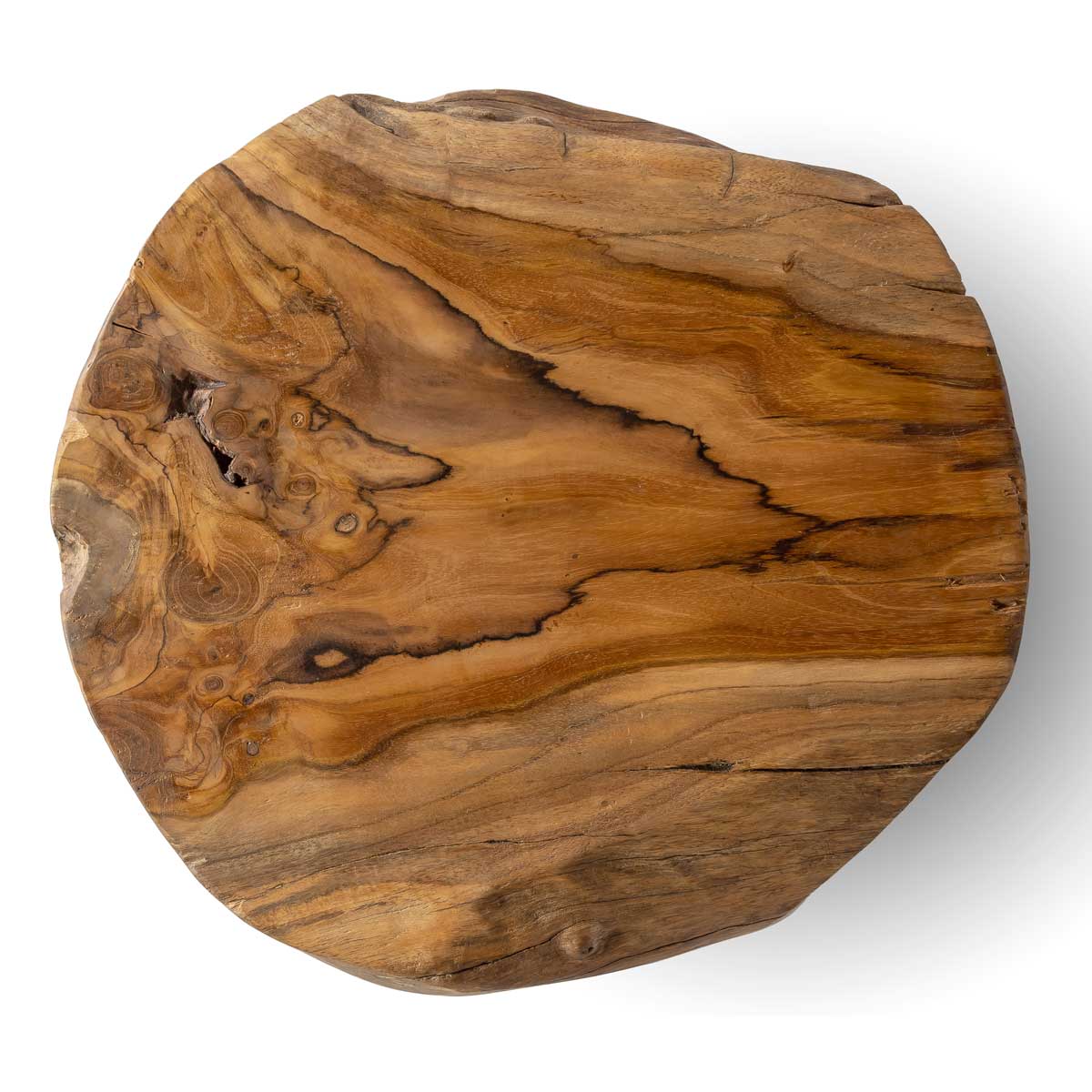 Round wooden cutting board with a natural, rustic finish on a white background