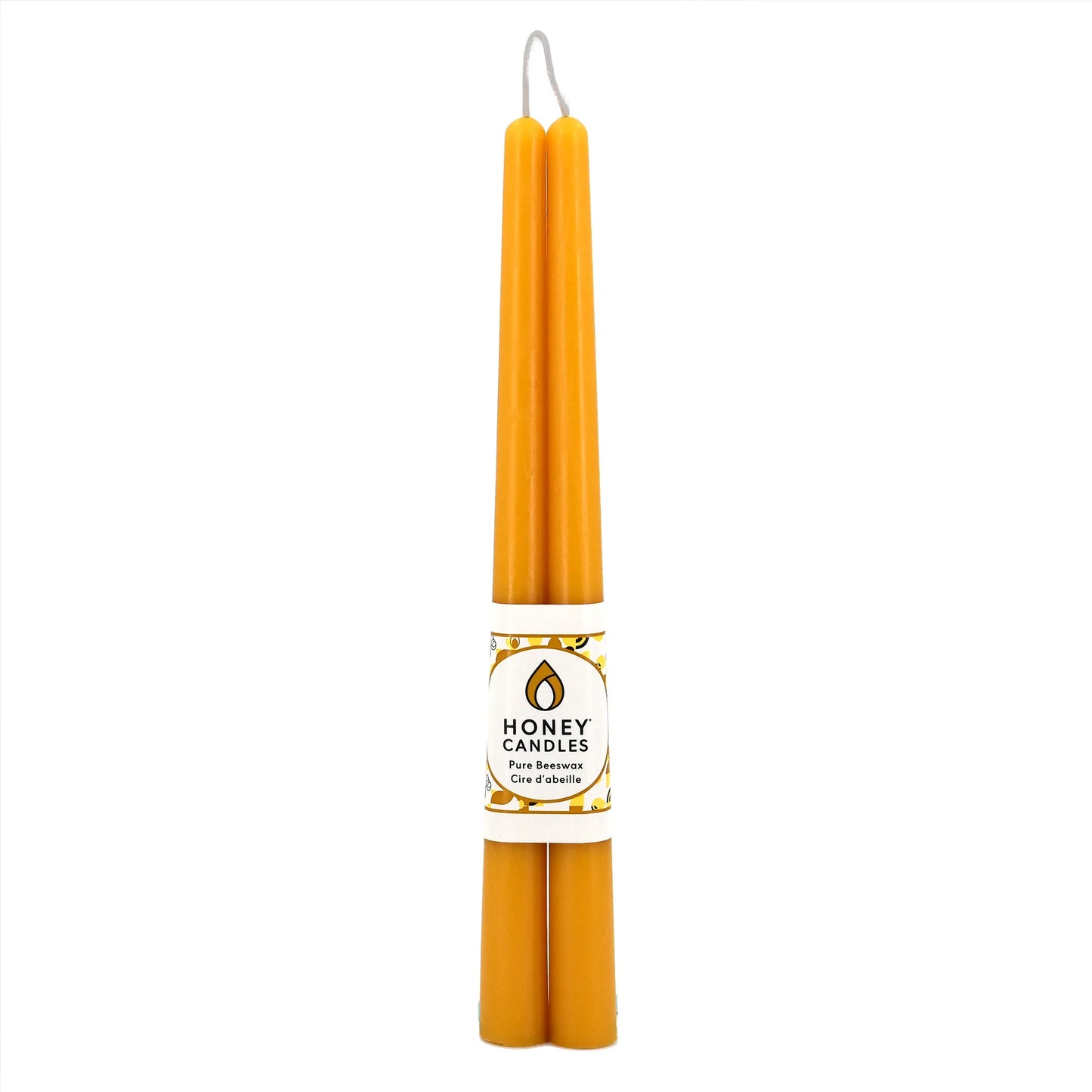 Two yellow candles with a 'Honey Candles' label on a white background