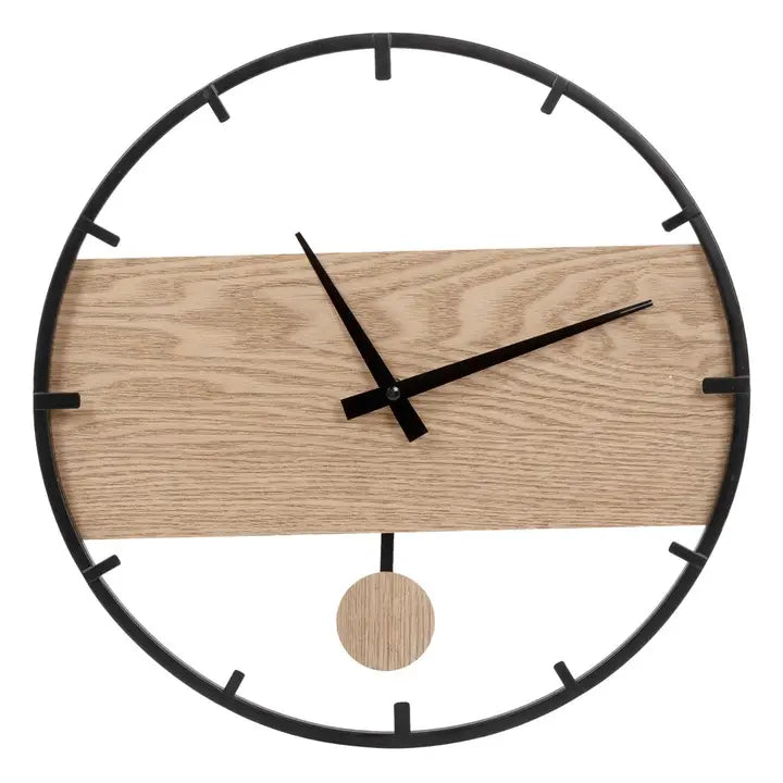 Wooden wall clock with black metal frame on a white background