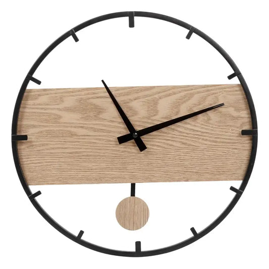 Wooden wall clock with black metal frame on a white background