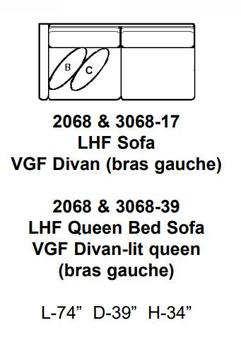 Technical diagram of a sofa and divan with dimensions labeled
