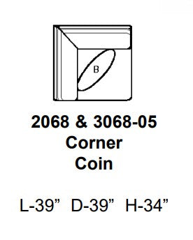 Technical drawing of a corner coin with dimensions labeled