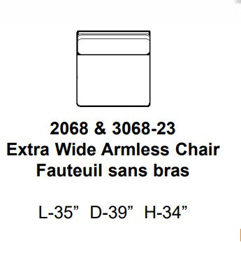 Technical drawing of an extra wide armless chair with dimensions on a white background