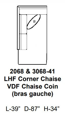 Technical drawing of a corner chaise with dimensions labeled