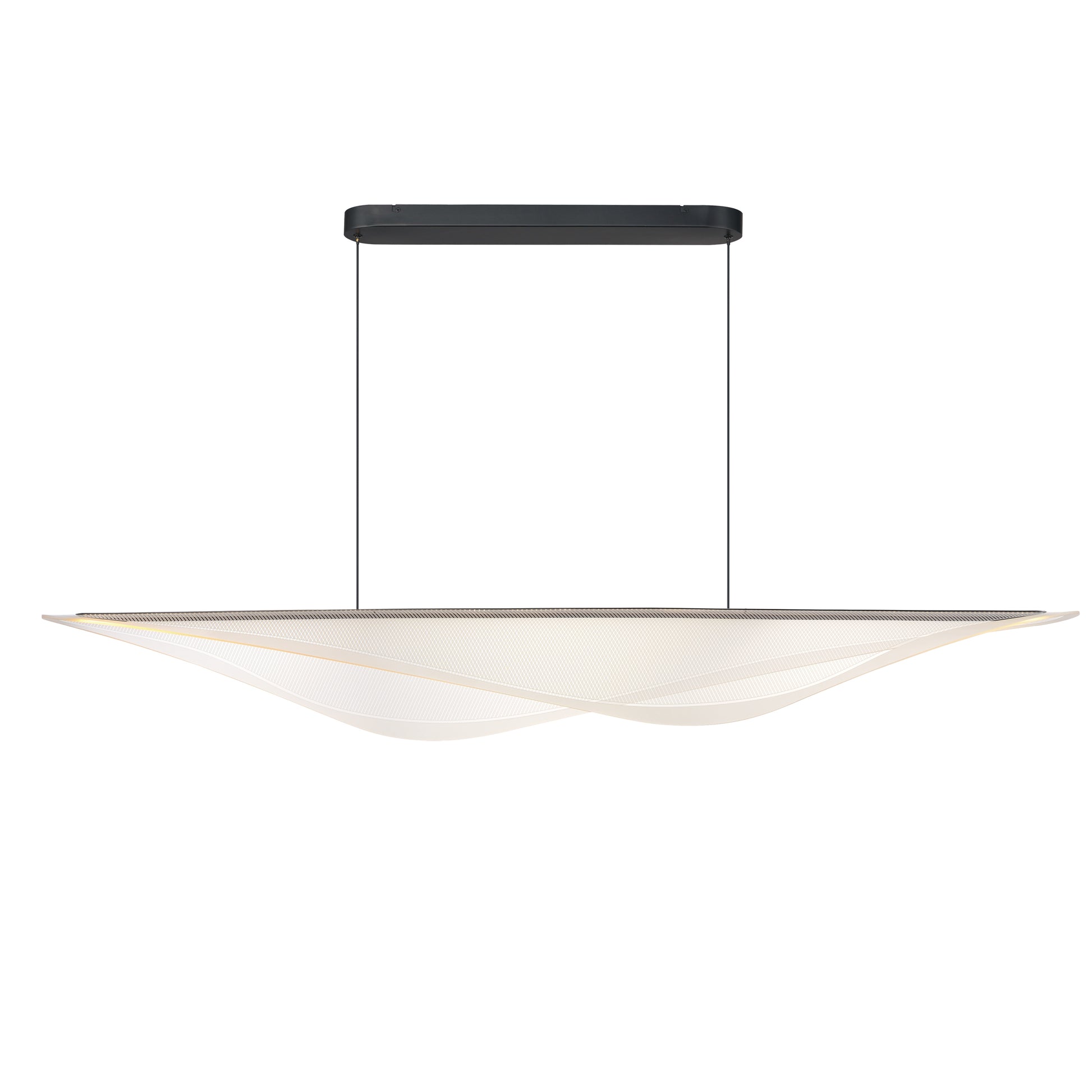 Modern pendant light with a white shade and black frame on a white background