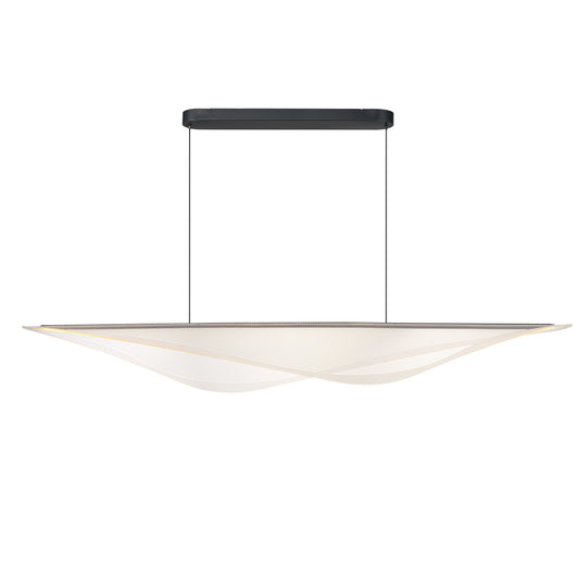 Modern pendant light with a white shade and black frame on a white background