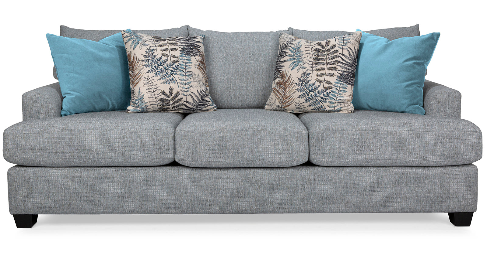 Gray sofa with blue and patterned cushions on a white background