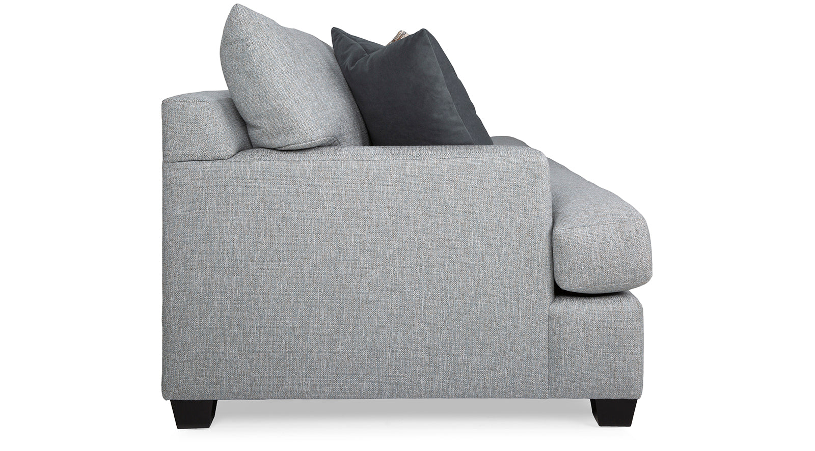 Gray sofa with two cushions on a white background