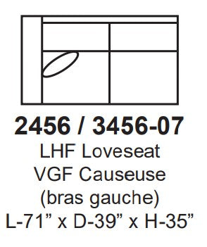 Product specifications for a loveseat with dimensions and model number.