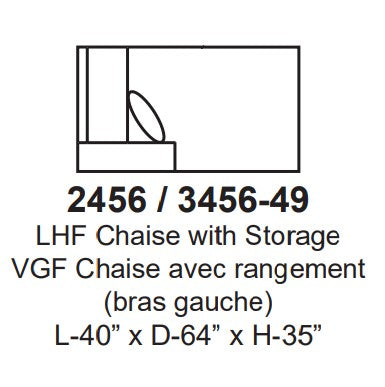 Technical drawing of a chair with storage and dimensions on a white background