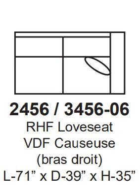 Technical drawing of a loveseat with dimensions and specifications.